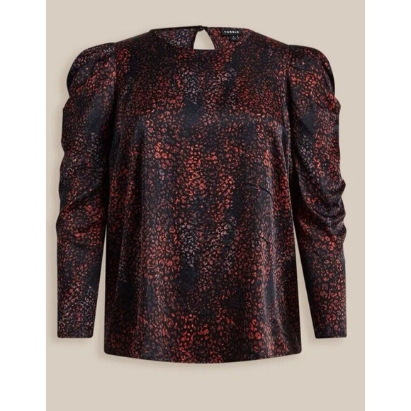 Torrid Top Womens Sz 0 XL Satin Animal Print Blouse Black Multicolor Puff Sleeve - Picture 13 of 14
